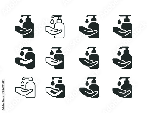 Sanitizer Icon Variations. Sanitizer use in everyday settings. Icon set. Set Logo of Sanitizer use: pump dispenser. harmonious logo variations of the same