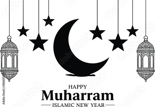 Happy Muharram Islamic New Year vector with central crescent moon detailed hanging lanterns and suspended stars on white.