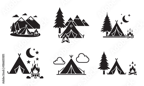 Outdoor camping and hiking adventure icons featuring tents, campfires, pine trees, and mountain silhouettes at night.