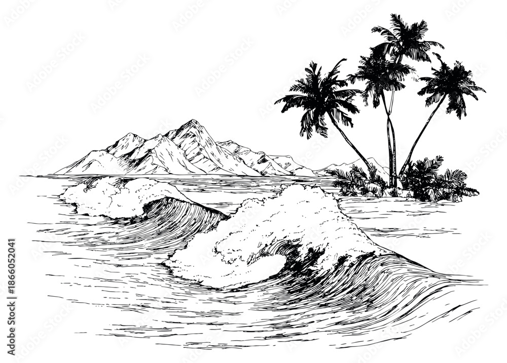 Obraz premium Hand drawn line art illustration of a tropical beach depicting ocean waves and palm trees for summer travel