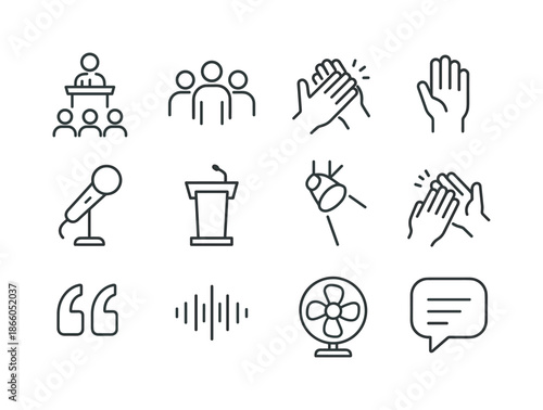 Public Speech Icons. Public speech. Line icon set of public speech: speaker on stage, audience view, clapping hands, raised hand, microphone, podium,