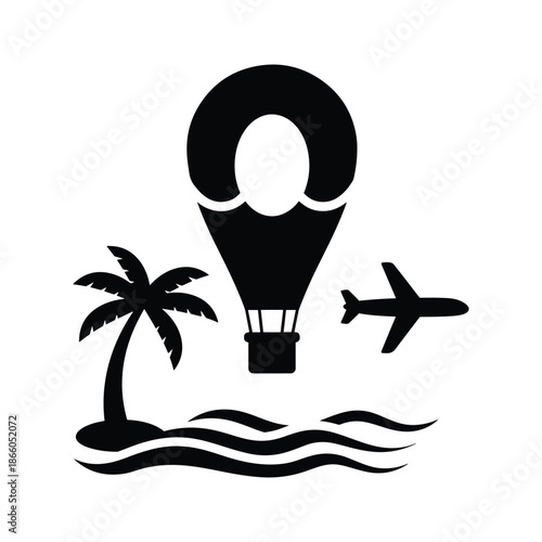 Travel location icon with hot air balloon, airplane, palm tree, and ocean waves for destination and tourism maps.