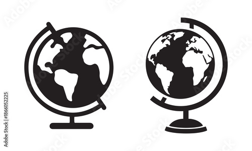 Set of world globe desk stand icons for geography, education, and global travel themes in minimalist black style.