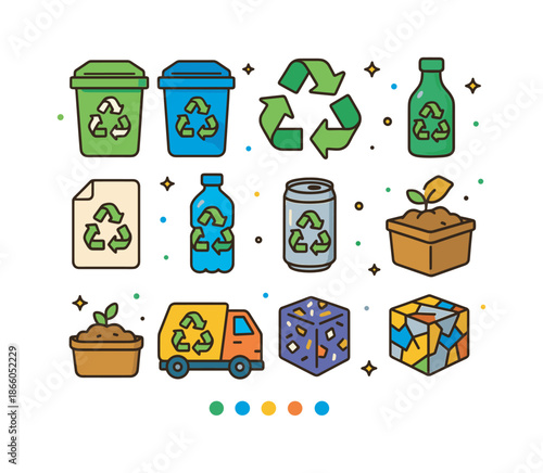 Recycling Icons Set. Recycling System. Colorful isometric vector icons set of Recycling System: sorting bins, arrows loop, paper recycling, plastic recycling,