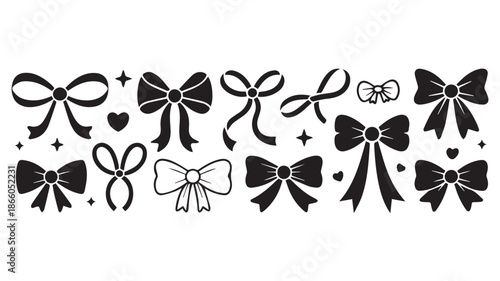 A collection of black and white bows, ribbons, and decorative elements in various styles and designs