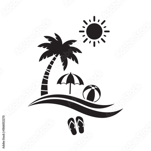 Summer beach island illustration with palm tree, sun, waves, beach ball, and flip-flops for vacation design.