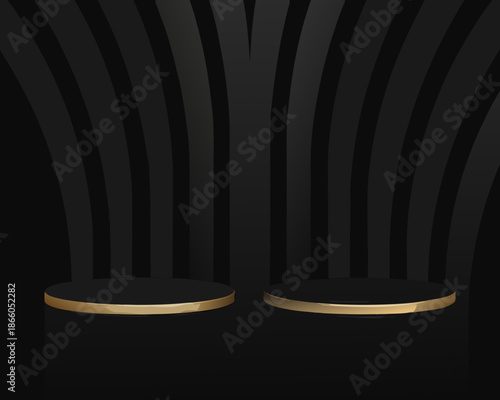 Elegant black and gold curved backdrop with two circular display platforms