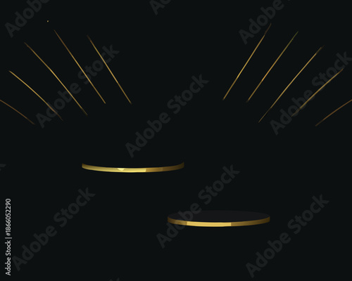Abstract golden platforms and radiating lines on a dark background