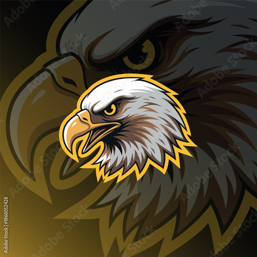 Detailed illustration of an eagle's head with sharp beak and piercing eyes.