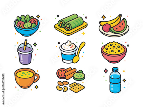 Colorful Light Meal Icons. Light Meals. Colorful isometric vector icons set of Light Meals: salad bowl, fresh rolls, smoothie cup, fruit plate, yogurt cup,