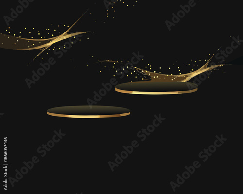 Elegant black background with golden platforms and sparkling light effects