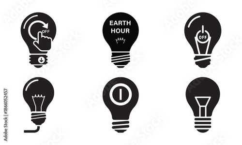 Earth Hour Light Bulb Icon Set for Energy Conservation Awareness and Environmental Sustainability