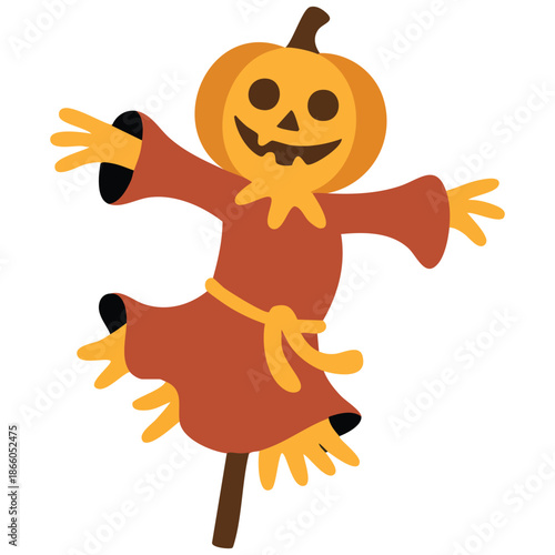 Scarecrow a pumpkin in a red tatter and a green hat vector illustration isolated on white