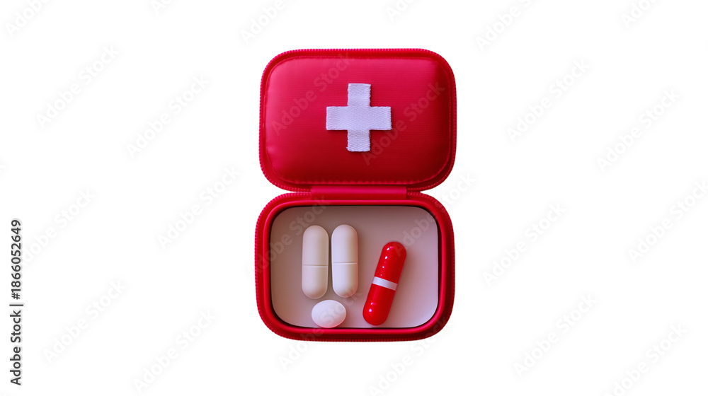 Obraz premium A bright red, compact first aid kit, prominently featuring a white cross emblem, is opened to reveal an assortment of medical pills and capsules inside, set against a dark black background.