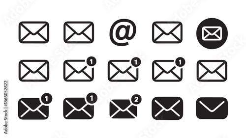 A collection of black and white email icons on a plain white background viewed directly
