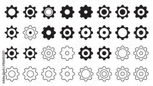 A collection of black and white gear icons in various styles and designs on a plain white background