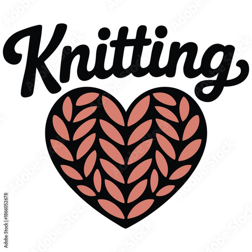 Word knitting and knitted heart on the white background vector illustration isolated