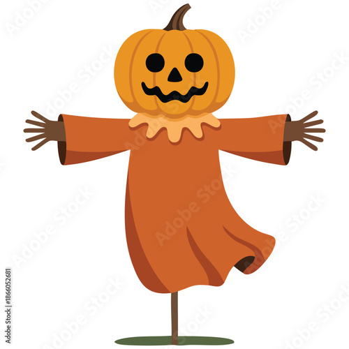 Pumpkin scarecrow in red tatter green hat vector illustration isolated on white background