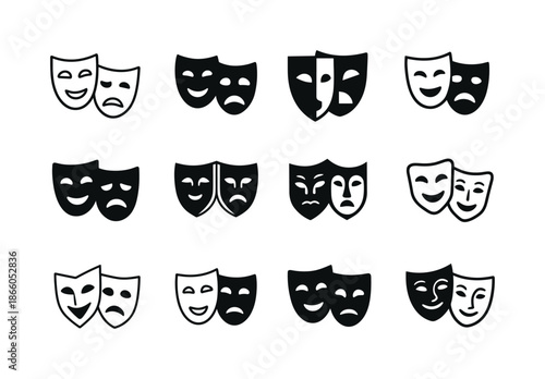 Theater Mask Logo Grid. Theater Performance. Icon set. Set Logo of Theater Performance: comedy and tragedy masks. harmonious logo variations of the same