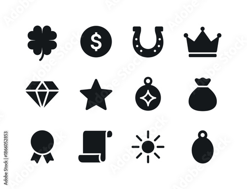 Fortune Symbols Icon Set. Symbol of fortune. Solid icon set of symbol of fortune: four-leaf clover, coin, horseshoe, crown, diamond, star, amulet, bag, ribbon,