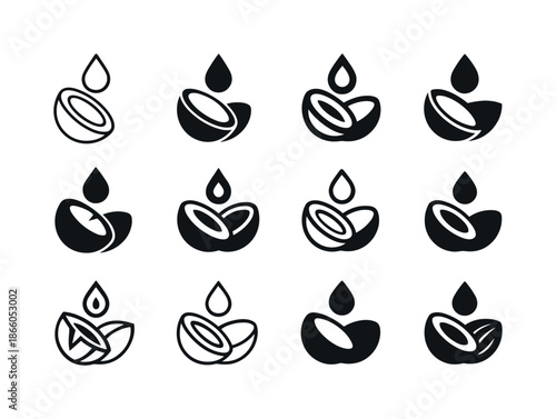Natural Haircare Icons. Natural Haircare Ingredients. Icon set. Set Logo of Natural Haircare Ingredients: coconut and drop of oil. harmonious logo variations
