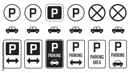 Collection of black and white parking signs and symbols with cars in various settings