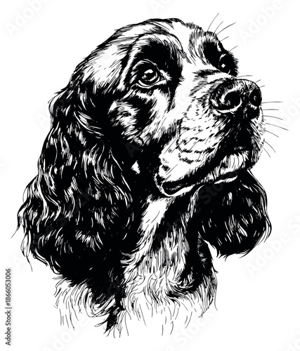 Hand drawn line art illustration of a cocker spaniel dog depicting a watchful gaze for pet branding