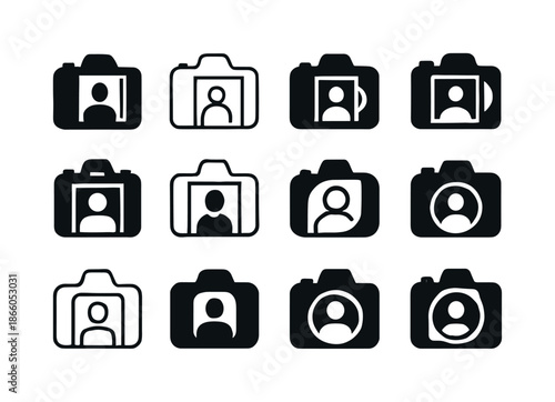 Studio Portraits Icons Set. Taking portraits in a studio. Icon set. Set Logo of Taking portraits in a studio: DSLR camera. harmonious logo variations of the