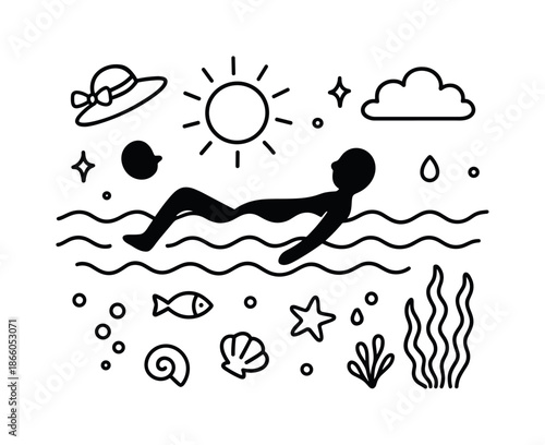 Relaxed Sea Doodle. Relaxing at sea. Hand-drawn doodle illustration relaxing at sea floating silhouette, waves, sun, hat, seashell, starfish, cloud, sparkle,