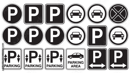 A collection of various black and white parking signs viewed from directly above on a white background