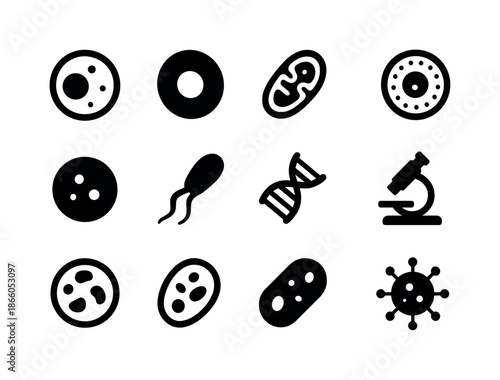 Cell Biology Icons. Cell Biology. Solid icon set of Cell Biology: cell, nucleus, mitochondria, membrane, cytoplasm, flagella, DNA strand, microscope, petri