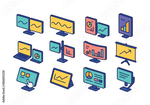 Colorful Workstation Icons. Workstation displays. Colorful isometric vector icons set of Workstation displays: dual monitors, ultrawide screens, tablet side