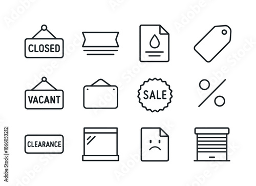 Business Closure Icons. Company going out of business ? Business Signs. Line icon set of Company going out of business ? Business Signs: closed sign, going out