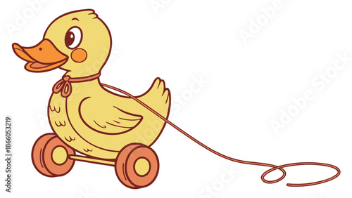 Cute yellow duck toy on wheels with string for playful fun