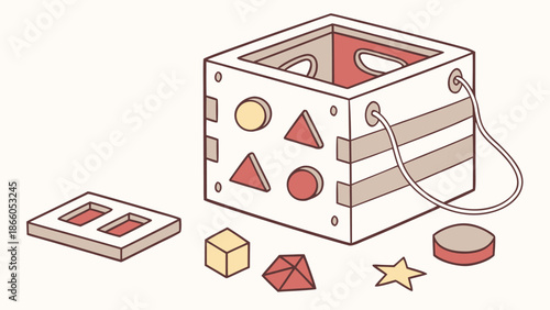 Vintage wooden toy puzzle with shapes and blocks for kids