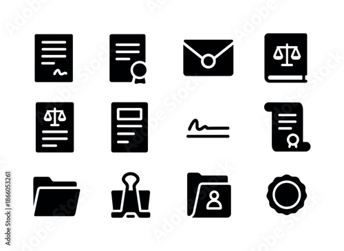 Legal Document Icons. Legal documents. Solid icon set of legal documents: contract page, stamped document, sealed envelope, law book, court order, evidence
