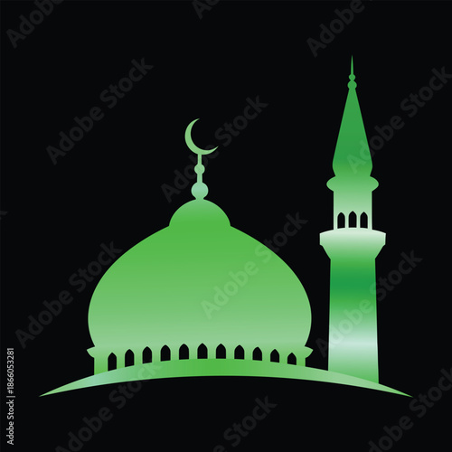 Green silhouette of a mosque dome and minaret with crescent moon symbol