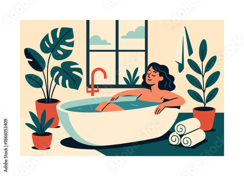 Modern Soaking Oasis. Freestanding tub. A modern oval bathtub sits near a tall window, surrounded by plants and soft towel rolls. Peaceful soaking energy.