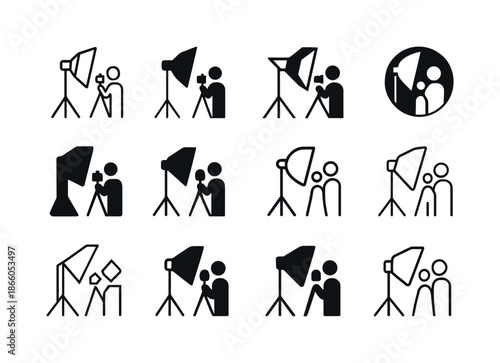 Studio Portrait Icon Set. Taking portraits in a studio. Icon set. Set Logo of Taking portraits in a studio: studio softbox. harmonious logo variations of the