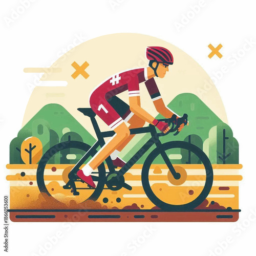 Cyclist in red uniform riding a black road bike with scenic mountain backdrop