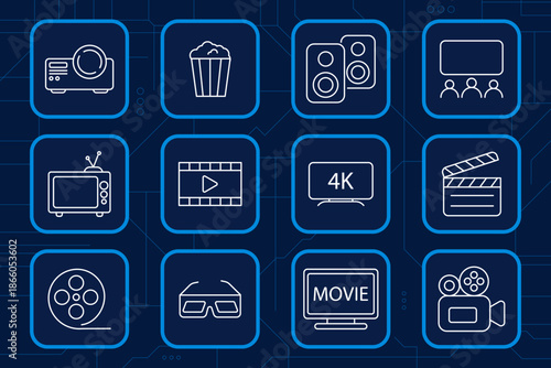Cinema and movie set icon. Projector, popcorn, clapperboard, reel, 4K TV, camera, 3D glasses, filmstrip, movie screen, audience, entertainment.