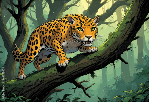 a quirky cartoon jaguar with a curious expression walking on a tree branch. Lush green jungle forest background, wild animal character concept