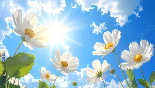Bright Sunny Day with White Flowers Blooming Under Blue Sky.