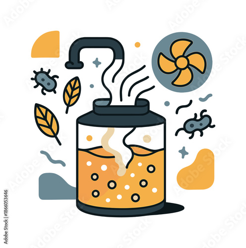 Fermentation Magic in Motion. Fermentation Energy Tank. A bubbling fermentation chamber releases soft luminous vapors that drift toward a spinner turbine icon.