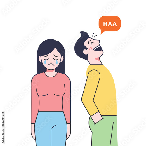 Man laughing while woman looks upset in cartoon illustration  