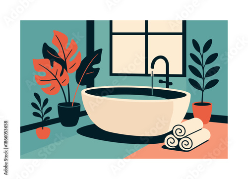 Modern Soaking Oasis. Freestanding tub. A modern oval bathtub sits near a tall window, surrounded by plants and soft towel rolls. Peaceful soaking energy.