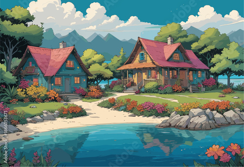 playful lakeside cottages with red roofs. Lush garden with colorful flowers, calm blue water reflection, mountains, and fluffy clouds background