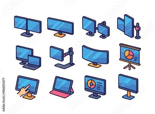 Colorful Workstation Icons. Workstation displays. Colorful isometric vector icons set of Workstation displays: dual monitors, ultrawide screens, tablet side