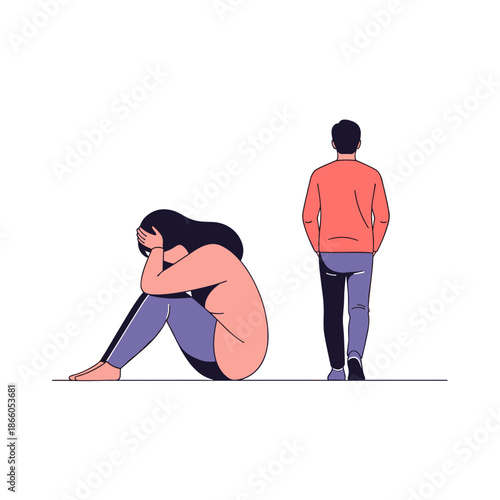 Woman sitting on the floor in distress while man walks away  
