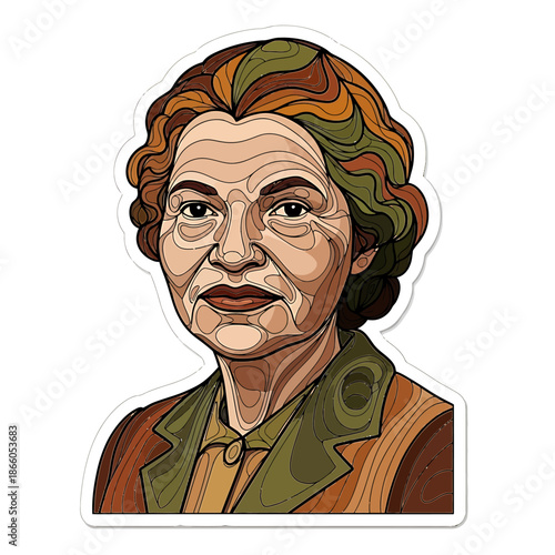 Artistic digital illustration of a dignified mature woman, rendered in a unique vector art style with intricate lines and a mosaic of earthy colors, evoking wisdom and timeless elegance